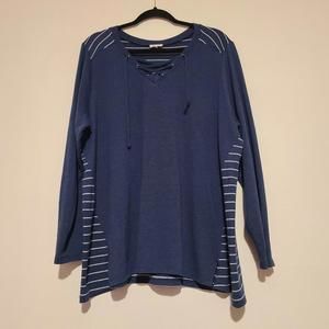 Women's Avenue Striped Nautical Top V-Neck Drawstring Tie Blue Shirt 22/24